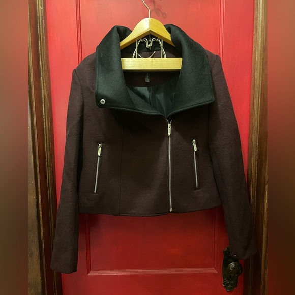 BCBGMaxazria burgundy/black wool moto style pea coat - Picture 6 of 6